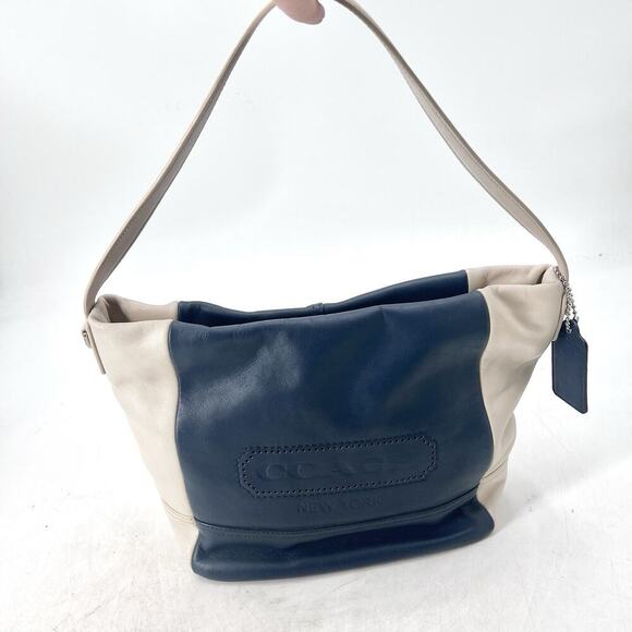 Coach Navy Blue / Ivory Leather Legacy Weekend Hobo Shoulder Bag Purse - Picture 4 of 14